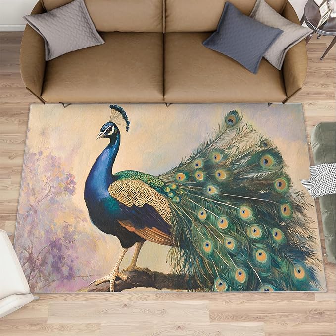 Peacock 6x9 Area Rugs for Living Room, Classic Animal Washable Non Slip Rugs, Gorgeous Feathers Low Pile Print Rug for Bedroom, Dining Room, Home Office