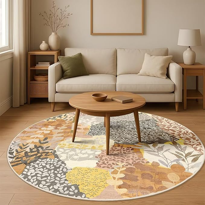 DEXDE Round Rug 6ft Washable Circle Area Rugs Non Slip Low Pile Boho Floral Large Circular Carpet for Bedroom Bathroom Entryway Kids Room Office Dining Room,Camel
