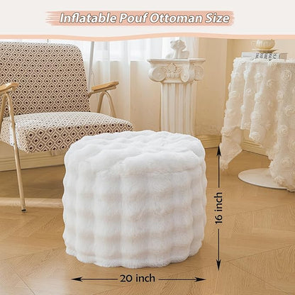 LIFEREVO Luxury Faux Rabbit Fur Round Inflatable Pouf Ottoman, 20 X 16 Fluffy Plush Waffle Bubble Floor Poufs Foot Stool Rest Anti-Slip Furry Foldable Ottoman Seat for Home Decor Kids Adults, White