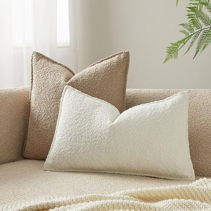 JUSPURBET White Decorative Pillow Covers 12x20 Set of 2 Throw Pillow Covers for Couch Sofa Bed Cozy Boucle Textured Lumbar Cushion Covers Cases with Hidden Zipper for Living Room Home Decor