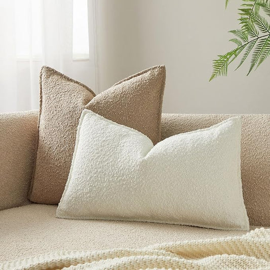 JUSPURBET White Decorative Pillow Covers 16x24 Set of 2 Throw Pillow Covers for Couch Sofa Bed Cozy Boucle Textured Lumbar Cushion Covers Cases with Hidden Zipper for Living Room Home Decor