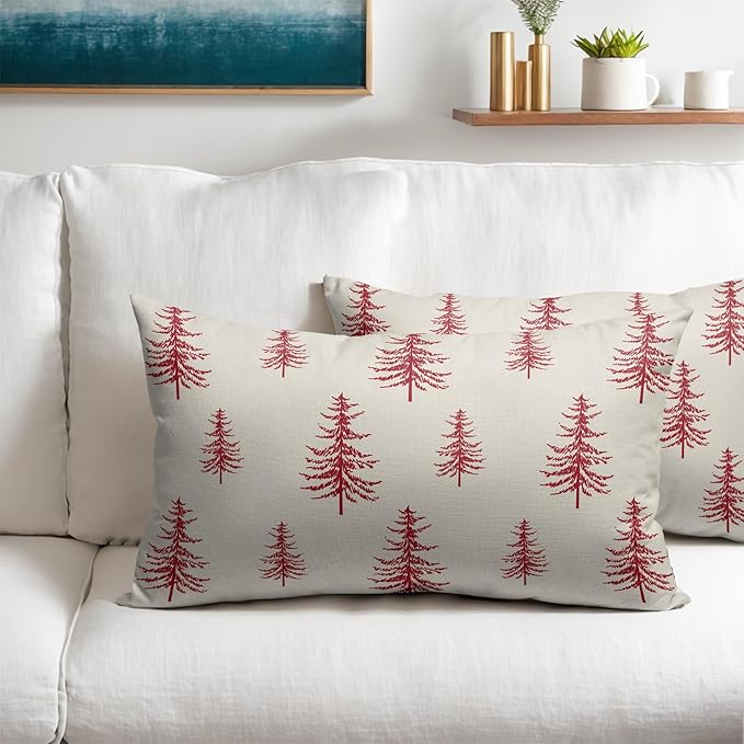 Christmas Tree Lumbar Pillow Covers 12x20 Set of 2 Red Xmas Vintage Winter Print Decorative Outdoor Linen Throw Pillows Cases Cushion Cover Rustic Holiday Decoration Farmhouse Sofa Couch Bed Decor