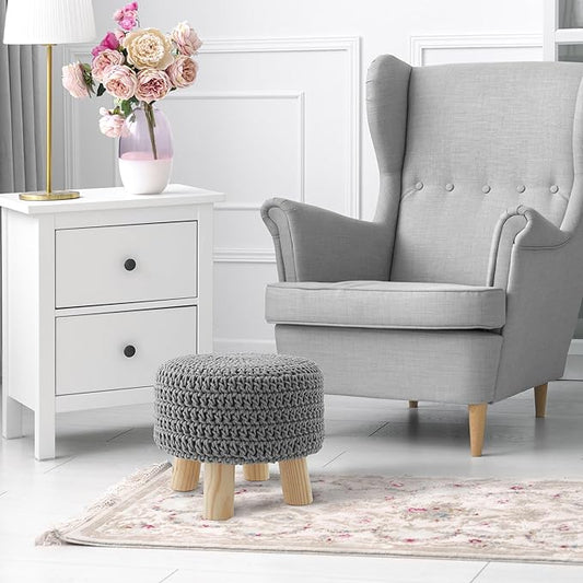 Casafield Pouf Ottoman Footstool, 13" Round x 11" High, Hand-Knitted Cotton Footrest, Non-Skid Wood Legs, Boho Foot Stool for Living Room, Bedroom (Light Gray)