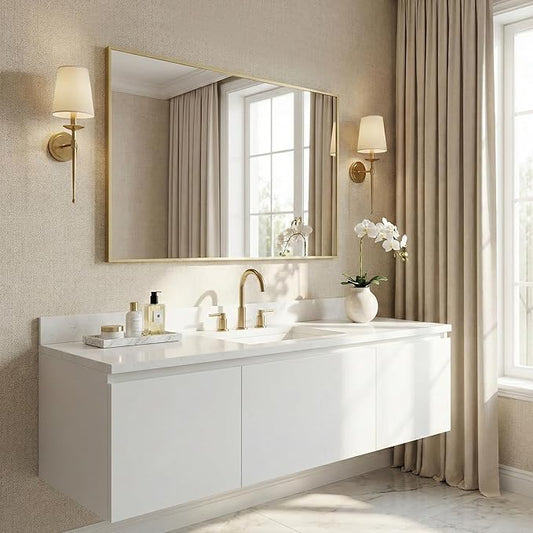 30"x48" Gold Bathroom Mirror, Metal Framed Vanity Mirror for Wall, Large 48"x30" Horizontal Mirror Over Sink, Modern Luxe Decor, Flush Mount