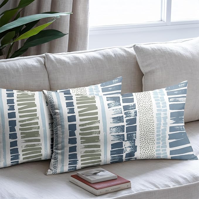 Blue Green Lumbar Pillow Covers 12x20 Set of 2 Boho Striped Dots Print Pattern Decorative Outdoor Zipper Pillowcases Rustic Decoration Farmhouse Linen Throw Cushion Cover Decor for Home Couch Sofa Bed
