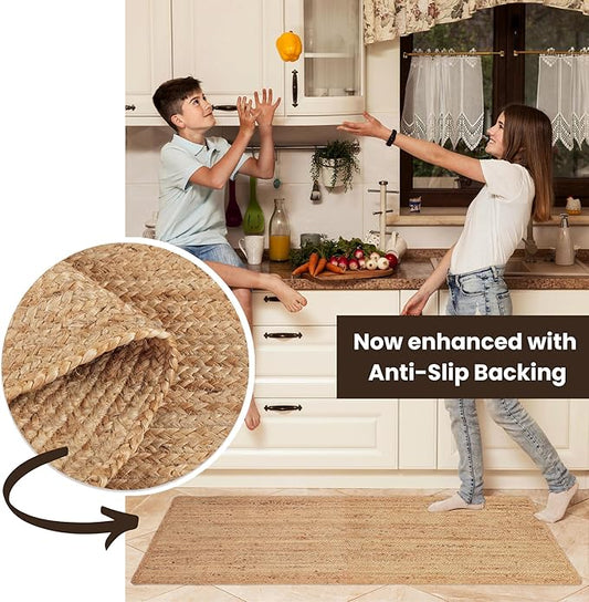 REDEARTH · Area Runner Rug - 2'x6' Braided Natural Jute with Non-Skid Backing - Handwoven Rectangular Boho Rug for Bedroom, Kitchen, Living Room - Farmhouse Aesthetic Home Decor - Handmade Carpet