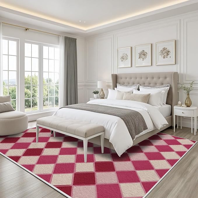 Plaid Rug, Soft Ultra Soft Faux Wool Rhombus Geometric Rugs, Indoor Floor Mats Carpet, Non Slip&Non-Shedding Low Pile Washable Rugs, Modern Red 4x6 Area Rug for Bedroom Home Decor