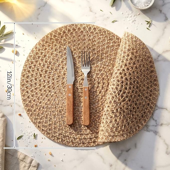 12 Pcs Jute Placemats Boho Braided Woven Table Mats for Dining Table Farmhouse Coasters for Thanksgiving Christmas Party Wedding Events(Natural,12 Inches)