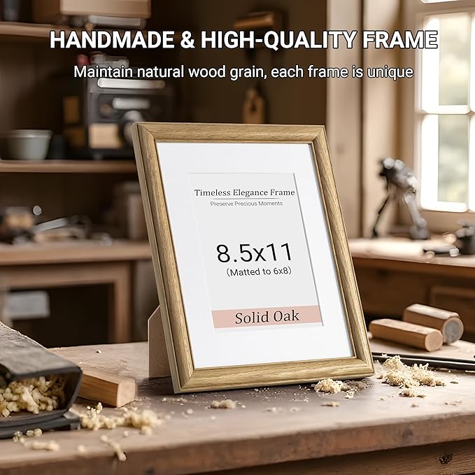 Heimlove 8.5x11 Picture Frame,8.5 x 11 Solid White Oak Photo Frame Matted to 6x8 with Tempered Glass,8.5"x11" Handcrafted Diploma Document Frames Frame Vertical or Horizontal Wall Hanging Display,1 Pack