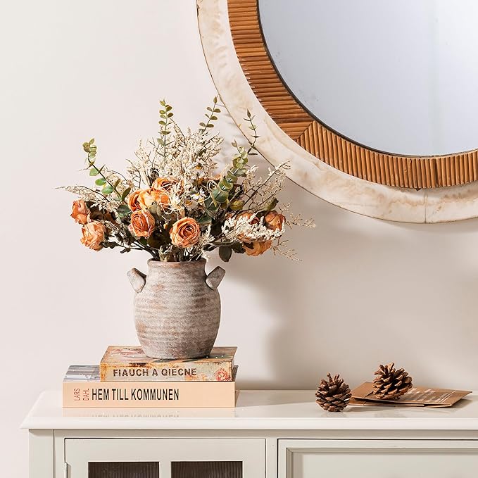 Ceramic Flower Vase Home Decor - Farmhouse Table Vases with Handle Living Room Decoration Vintage Decorative Aesthetic for Shelf Coffee Dining Desk House Bookshelf Fireplace (6" Rustic)
