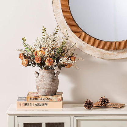 Ceramic Flower Vase Home Decor - Farmhouse Table Vases with Handle Living Room Decoration Vintage Decorative Aesthetic for Shelf Coffee Dining Desk House Bookshelf Fireplace (6" Rustic)
