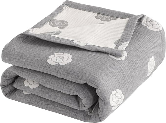 NTBAY 3 Layers Cotton Muslin 68x92 Twin Bed Blanket, Super Soft Breathable Thermal Yarn Dyed Quilt for Adults, Perfect Lightweight Blanket for Couch Sofa Bed All Seasons, Grey Rose
