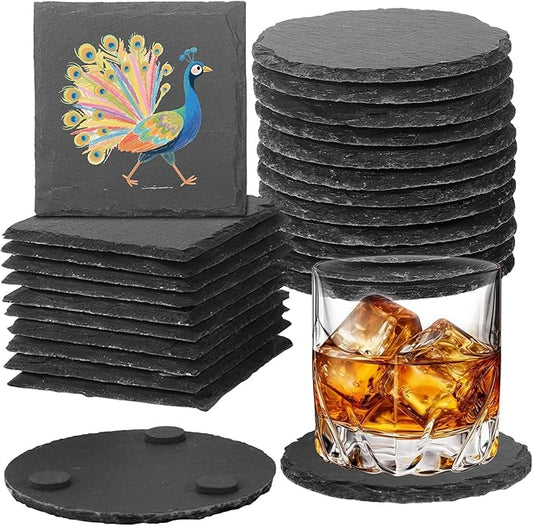 24pcs Slate Coasters, Black 4 Inch Bulk Blank Rock Coasters Blank Laser Engraving, Hand Painted DIY, Scratch Resistant Bottom (12*Square+12*Round)