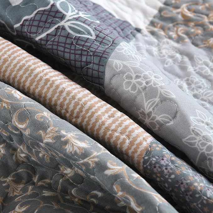HoneiLife Quilt Set Queen Size - 3 Piece Microfiber Quilts Reversible Bedspreads Patchwork Coverlets Floral Bedding Set All Season Quilts-Grey Rose,Queen/Full Size