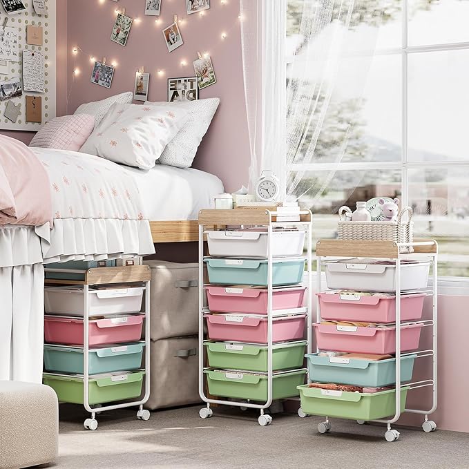 Rolling Storage Utility Cart With 4 Drawers,Kids Craft Art Cart,Makeup Organizer And Storage with Wooden Tabletop,Rainbow