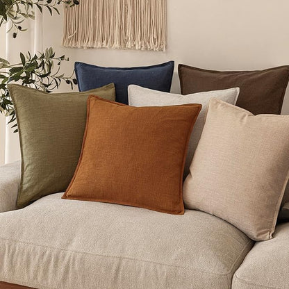 Foindtower Set of 2, Decorative Linen Soild Throw Pillow Covers Soft Accent Cushion Euro Case Boho Farmhouse Pillowcase for Chair Couch Sofa Bedroom Living Room Home Decor 22 x 22 Inch Autumn Orange
