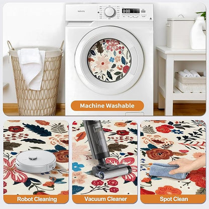 Tangsoo 5x7 Area Rug for Living Room Bedroom, Non Slip Machine Washable Boho Floral Rug, Low Pile Large Floor Carpet Indoor Mats for Kids Room, Farmhouse, Dining Room, Office(Beige/White)