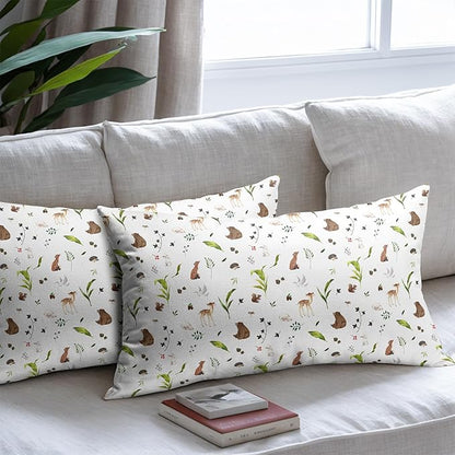 Neutral Spring Pillow Covers 12x20 Set of 2 Forest Throw Pillow Covers Rustic Pillowcase Linen Decoration Farmhouse Soft Decorative Plants Animals Cushion Case Couch for Indoor Outdoor Home Decor