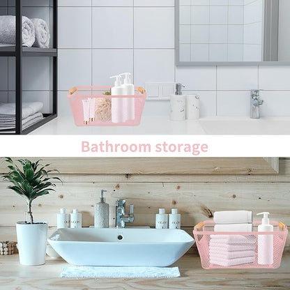 PTSGCAI 2Pack Metal Mesh Steel Basket with Bamboo Handle - Wire Metal Basket for Kitchen Organization, 12" Wide Food Organizer Bin, Perfect for Organizing Bulk Pantry (PINK)