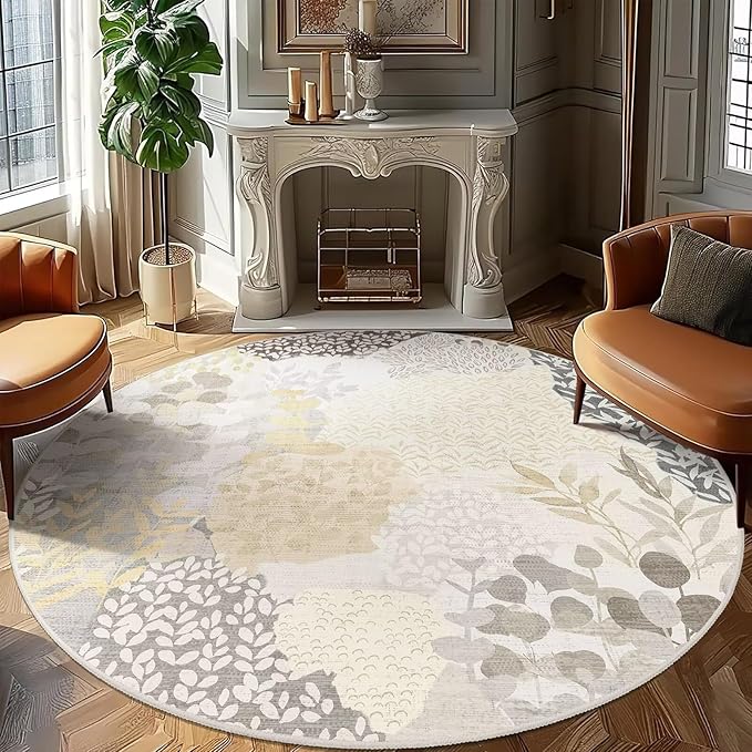 DEXDE Large Round Rug 9ft Washable Circle Area Rugs, Non Slip Low Pile Boho Floral Circular Carpet for Bedroom Bathroom Entryway Kids Room Office Dining Room, Gray