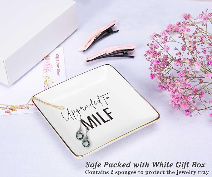 First Mother's Day Christmas Gifts for New Mom-Baby Gift Shower for New Mommy-Future Mother Present-Mom to Be-Pregnancy Present-Jewelry Tray Trinket Holder Ring Dish-Upgraded to MILF