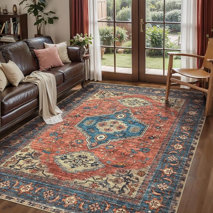 Tangsoo 6x9 Area Rug Washable Rugs for Living Room, Oriental Indoor Non Slip Large Area Rugs, Vintage Print Carpet, Soft Low Pile Foldable Floor Rug for Bedroom Dining Room Dorm Terracotta