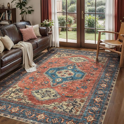 Tangsoo 6x9 Area Rug Washable Rugs for Living Room, Oriental Indoor Non Slip Large Area Rugs, Vintage Print Carpet, Soft Low Pile Foldable Floor Rug for Bedroom Dining Room Dorm Terracotta