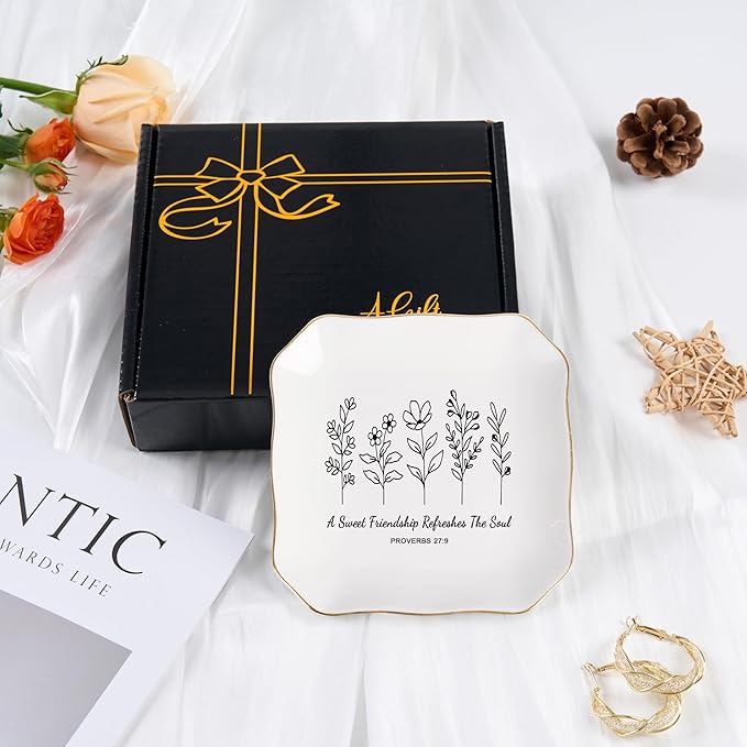 Friendship Gifts for Women Jewelry Dish Trinket Tray - A Sweet Friendship Refreshes The Soul, Christian Birthday Gifts for Women Best Friend Christmas Mothers Day Religious Gift