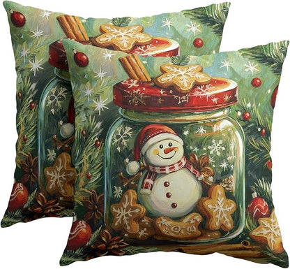 Christmas Pillow Covers 16x16 Set of 2 Green Snowman Throw Pillow Covers Winter Pillowcase Linen Decoration Farmhouse Snowflake Bell Cozy Soft Cushion Case Couch for Indoor Outdoor Home Decor