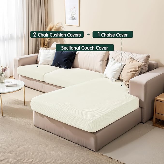 CHUN YI Stretch Sectional Couch Covers 1 Piece Chaise Lounge Slipcover L Shape Separate Cushion, Chaise Couch Cover for Both Left/Right Sectional Couch (Chaise Cover, Ivory White)