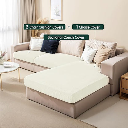 CHUN YI Stretch Sectional Couch Covers 1 Piece Chaise Lounge Slipcover L Shape Separate Cushion, Chaise Couch Cover for Both Left/Right Sectional Couch (Chaise Cover, Ivory White)