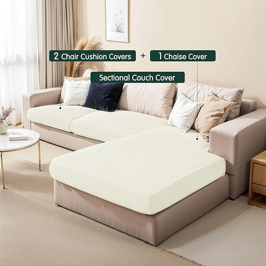 CHUN YI Stretch Sectional Couch Covers 1 Piece Chaise Lounge Slipcover L Shape Separate Cushion, Chaise Couch Cover for Both Left/Right Sectional Couch (Chaise Cover, Ivory White)