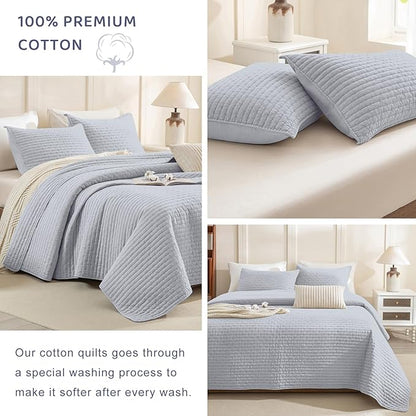Sanracie Stonewashed Oversized King Quilt(120"x120"), Cotton Cornflower Blue Cross Stitch Pattern California King Quilt Sets 3Pcs Soft Lightweight Crinkle Bed Coverlet Set for All Season
