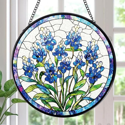 Rngmsi Stained Glass Window Hanging, Forget-Me-Not Sun Catcher Gift for Housewarming, Forget Me Not Suncatchers Gifts for Plant Lover Friends Home Decor 8 Inch