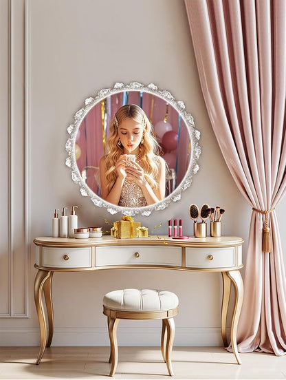 Crystal LED Vanity Mirror with Touch Control 3 Color Lights, Dimming 360° Rotation Elegant Luxury Wall Mounted HD Decorative Mirror(Wall Mounted Mirror-50cm)