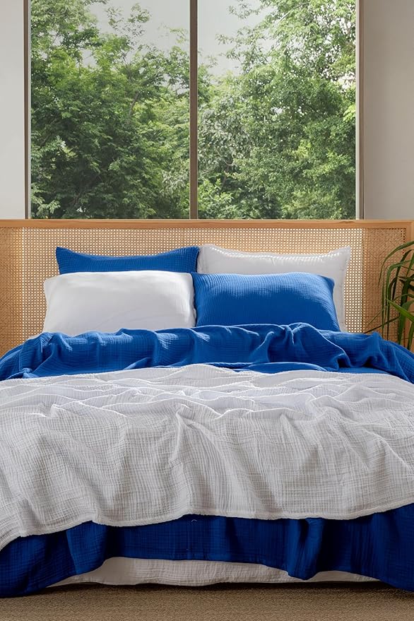 Muslin Blanket - Pure 100% Turkish Cotton Airy Soft Light Versatile Gauze Throw Blanket for Bed, Couch, Sofa (Blue, California King Size (95" x 125" inch))