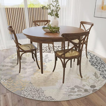 DEXDE Round Rug 5ft Washable Circle Area Rugs, Non Slip Low Pile Boho Floral Large Circular Carpet for Bedroom Bathroom Entryway Kids Room Office Dining Room, Gray