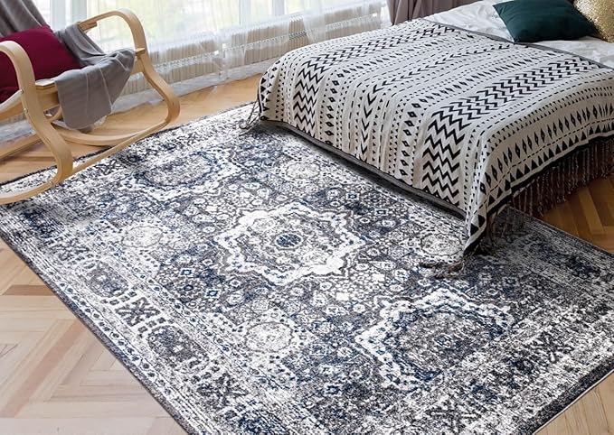 Keen Home Design Area Rugs - Non-Shedding, Thick Pile Abstract Rugs for Kitchen, Living Room, Bedroom, Dining Room, Entryway (Medallion Grey/Blue/Cream, 7'3'' x 10'2'')