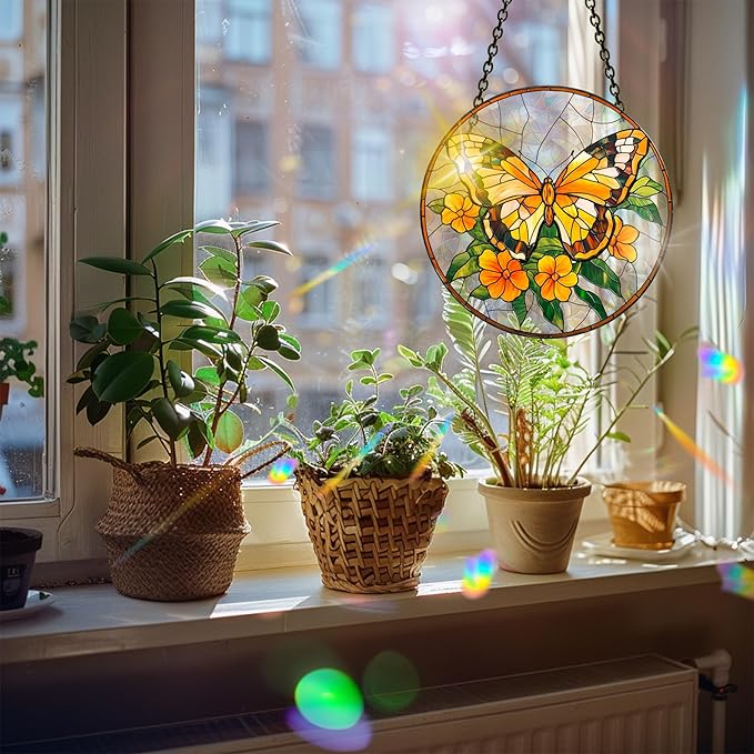 Bimkole Yellow Butterfly Sun Catchers Indoor Window - Flowers Acrylic Suncatcher Hanging Decoration for Living Room Bedroom Summer Home Balcony Outdoor Garden Ornaments Decoration 7.8x7.8 Inch