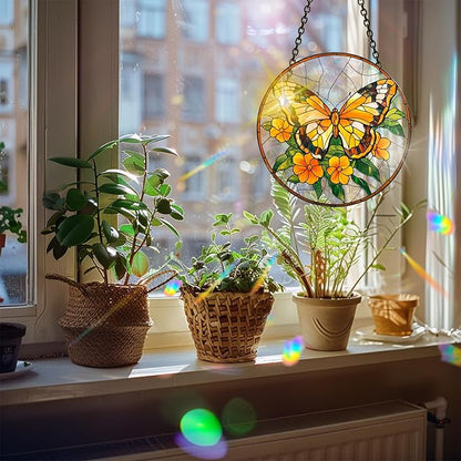 Bimkole Yellow Butterfly Sun Catchers Indoor Window - Flowers Acrylic Suncatcher Hanging Decoration for Living Room Bedroom Summer Home Balcony Outdoor Garden Ornaments Decoration 7.8x7.8 Inch
