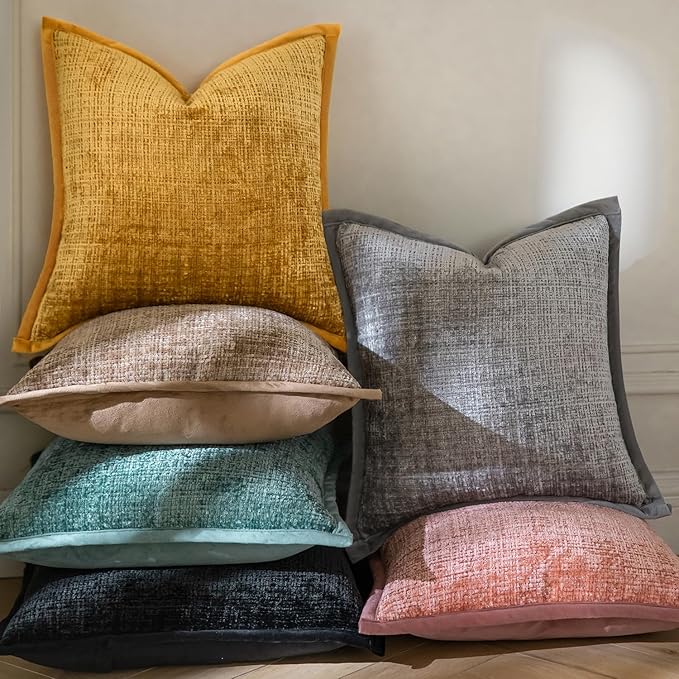 Yaertun Pack of 2 Chenille Textured Decorative Throw Pillow Covers Accent Solid Cushion Cover Soft Cozy Pillow Case with Velvet Back for Couch Sofa Bed Living Room 16x16 Inch Light Grey