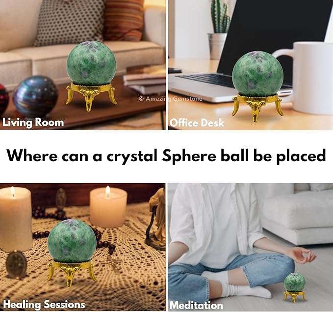 Amazing Gemstone Ruby Fuchsite Crystal Ball with Stand - 1.5 Inches Crystal Sphere Meditation Balls for Witchcraft and Decorative Balls