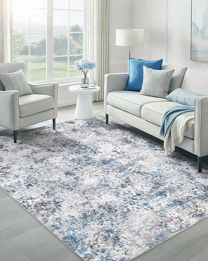 Modern Abstract Washable Area Rugs - 3x5 Contemporary Soft Mat Stain Resistant Non Slip Low Pile Indoor Throw Rug for Bedroom Kitchen Office Chair Desk - Grey/Blue