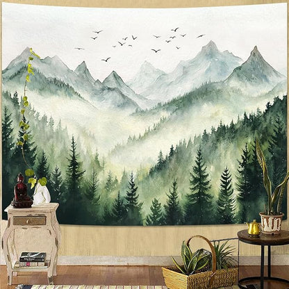 kampdream Landscape Tapestry, Scenery Art Wall Tapestries, Nature Wall Decor for Bedroom Living Room Backdrop Green Watercolor Mountain 60×80 inches