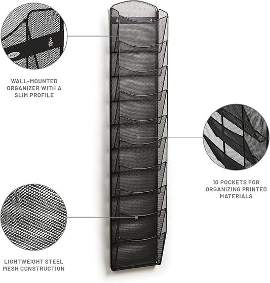 Safco Onyx Mesh Magazine Holder, Display Rack with 10 Pockets, Brochure Organizer, Commercial-Grade Steel Construction, Black