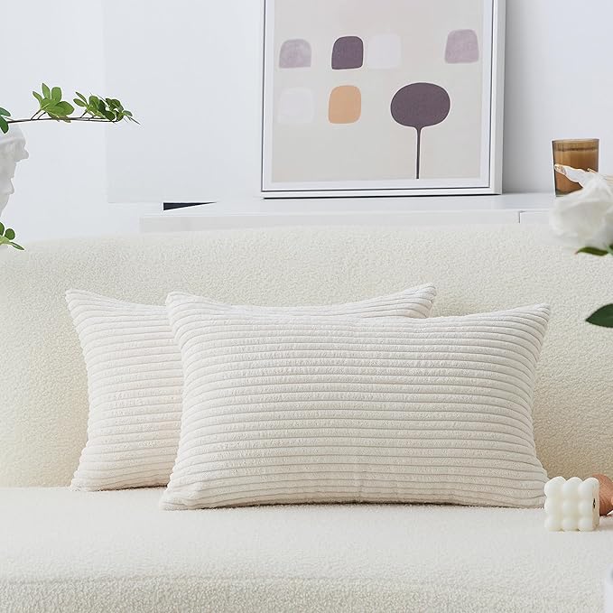 Home Brilliant Rectangle Throw Pillow Covers 12x20 Set of 2 Solid Striped Velvet Oblong Throw Pillow Case for Valentines Couch Chair Baby Toddler Lumbar Pillow, 12 x 20 inch, Cream Cheese