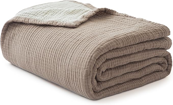 Simple&Opulence 100% Cotton Muslin Blanket Twin Size, Lightweight Breathable 4 Layering Gauze Blanket for Bed Couch Camping, Soft Bedspread Coverlet All-Season Use (Coffee, 68"x86")