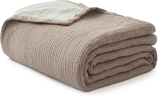 Simple&Opulence 100% Cotton Muslin Blanket Twin Size, Lightweight Breathable 4 Layering Gauze Blanket for Bed Couch Camping, Soft Bedspread Coverlet All-Season Use (Coffee, 68"x86")