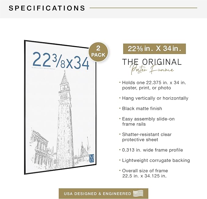 MCS Original Poster Frame 22.375x34 Black Lightweight Vertical & Horizontal Wall Hanging Large Picture Frame for Posters, Art Prints & Gallery Wall (2-Pack)