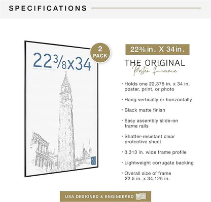 MCS Original Poster Frame 22.375x34 Black Lightweight Vertical & Horizontal Wall Hanging Large Picture Frame for Posters, Art Prints & Gallery Wall (2-Pack)